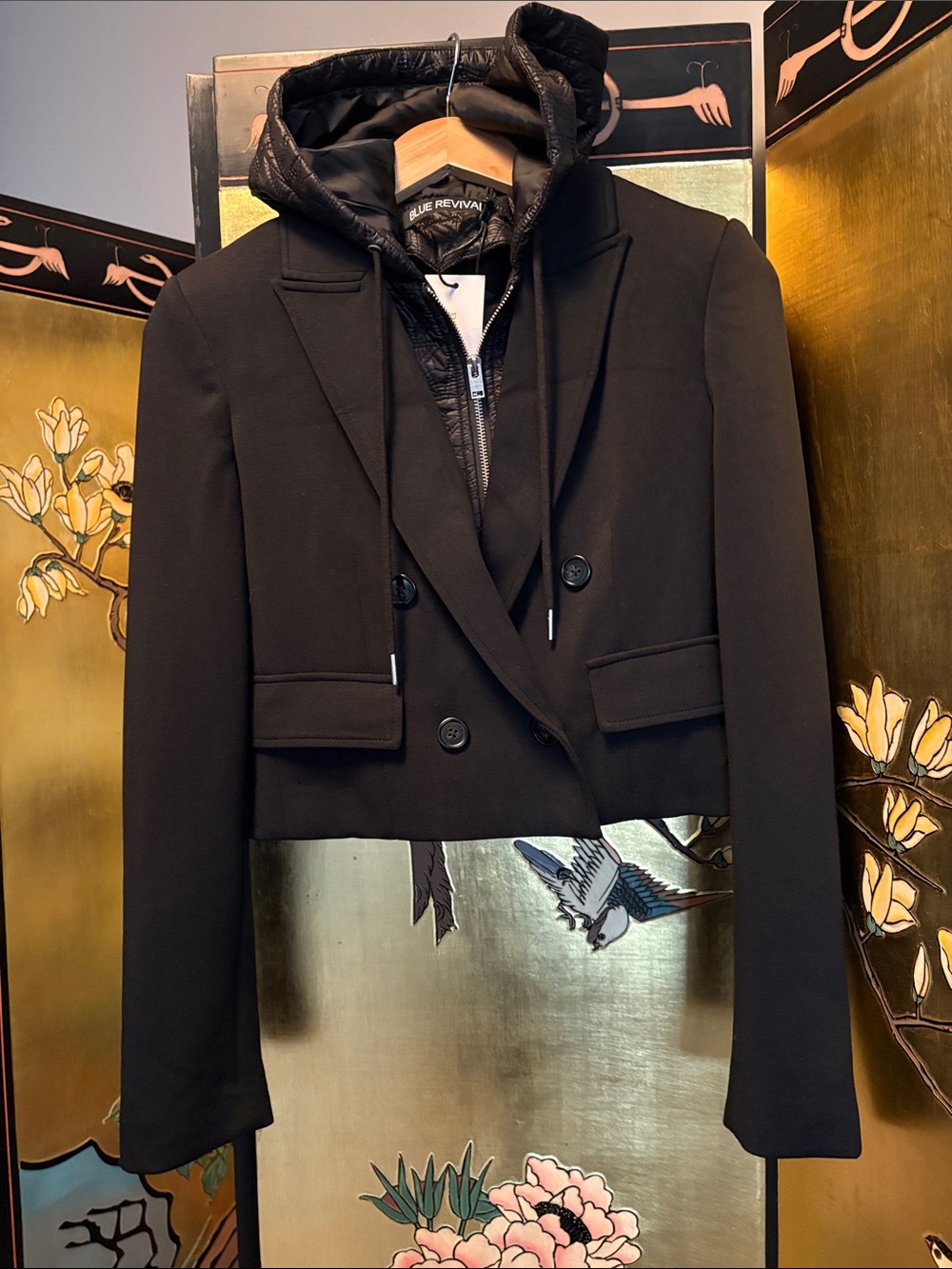 Cropped Black Double-Breasted Blazer with Quilted Hooded Insert